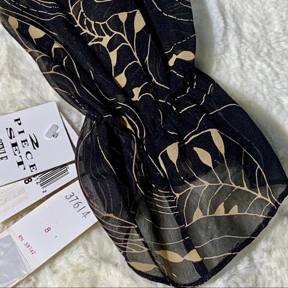 Maggie London Top Blouse Silk Black Tan V-Neck Long Sleeve Dressy Top Size 8 NEW - Picture 9 of 12